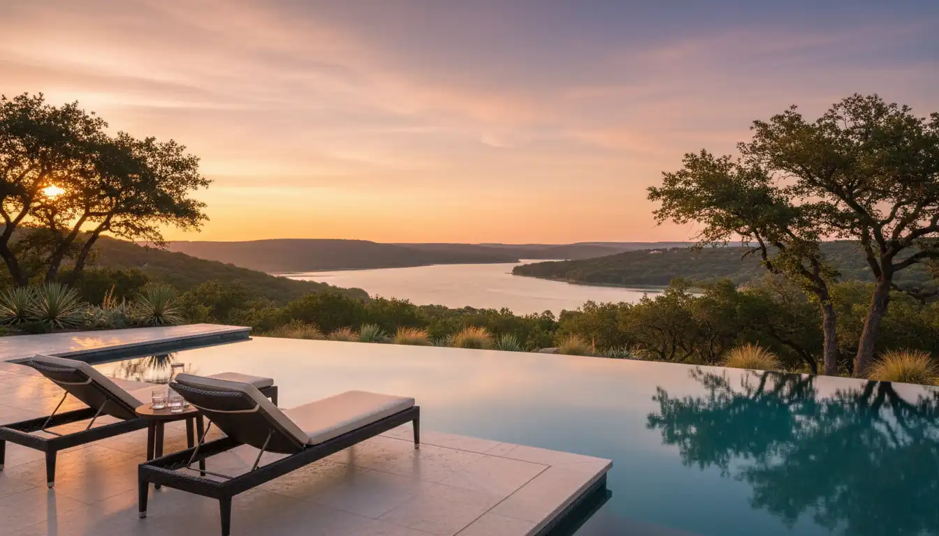 Infinity pool overlooking Lake Travis at sunset