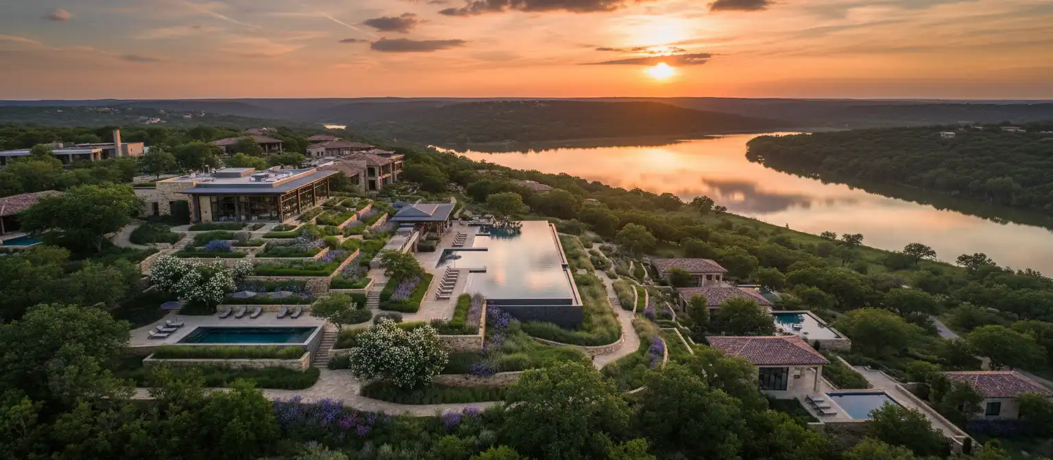 Miraval Austin resort overlooking Texas Hill Country at golden hour